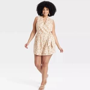 A New Day Leaf Print Linen Blend Sleeveless Romper NWT Cream